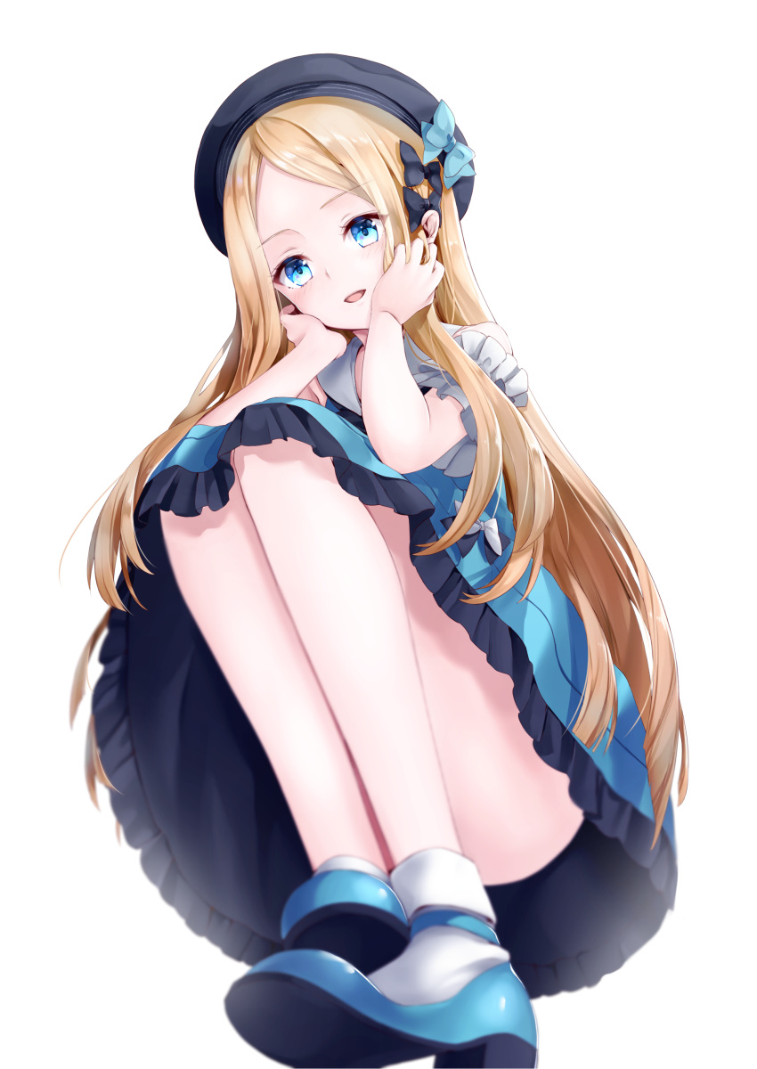 1girl abigail_williams_(fate/grand_order) absurdres bare_shoulders black_bow black_hat blonde_hair blue_dress blue_eyes blush bow dress fate/grand_order fate_(series) full_body hair_bow hane_yuki hat highres long_hair looking_at_viewer open_mouth shoes simple_background sitting sleeveless sleeveless_dress socks solo very_long_hair white_background