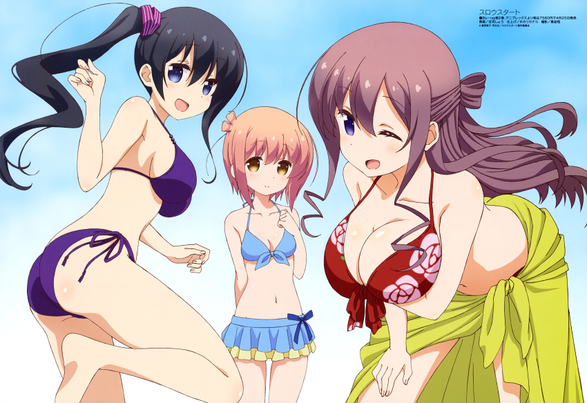 3girls absurdres arm_up ass bikini black_hair blue_eyes breast_hold breasts brown_hair cleavage eyebrows eyebrows_visible_through_hair hair_ribbon hannen_hiroe highres ichinose_hana kyouzuka_shion large_breasts long_hair medium_breasts multiple_girls navel official_art one_eye_closed open_mouth orange_eyes purple_background red_bikini_top ribbon sarong simple_background slow_start small_breasts smile swimsuit swimwear violet_eyes