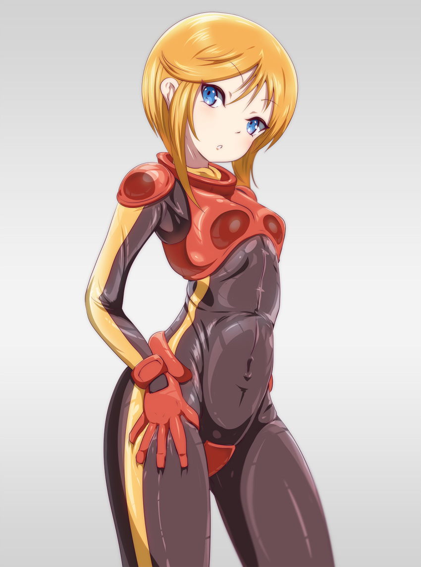 1girl black_bodysuit blue_eyes blush bodysuit breasts commentary_request covered_navel cowboy_shot danpu eyebrows_visible_through_hair gundam gundam_zz hair_between_eyes hand_on_own_thigh highres looking_at_viewer multiple_girls orange_hair parted_lips pilot_suit puru_two shiny shiny_clothes shiny_hair shiny_skin short_hair simple_background skin_tight skindentation small_breasts solo standing