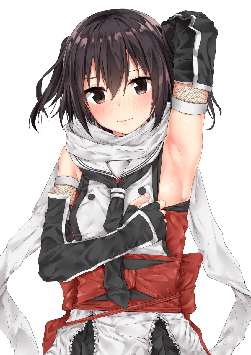 1girl absurdres arm_up armpits black_gloves blush brown_eyes brown_hair double-breasted elbow_gloves fingerless_gloves gloves highres jaku_denpa kantai_collection remodel_(kantai_collection) scarf sendai_(kantai_collection) solo two_side_up upper_body white_scarf