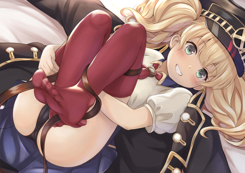 1girl belt black_panties blonde_hair blue_eyes coat fetal_position granblue_fantasy hat monica_weisswind panties princess_connect! shingeki_no_bahamut thigh-highs two_side_up underwear yuririn_poi