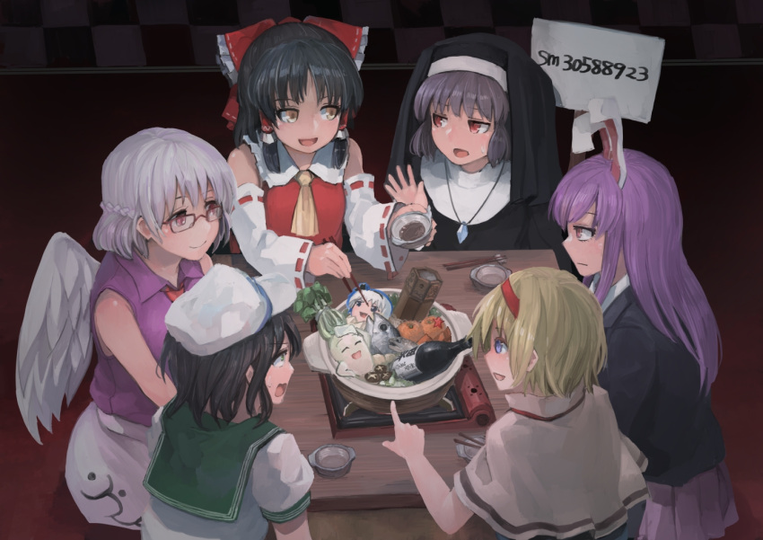 6+girls alice_margatroid angel_wings animal_ears bespectacled black_hair blonde_hair blue_eyes blush bow character_request chopsticks closed_mouth cookie_(touhou) detached_sleeves glasses green_eyes grey_hair habit hair_bow hair_tubes hairband hakurei_reimu hat hisui_(cookie) ichiba_youichi index_finger_raised jewelry joker_(cookie) kishin_sagume konpaku_youmu long_hair looking_at_another mashiroma_zenima multiple_girls murasa_minamitsu nazrin necklace niconico open_mouth pointing purple_hair rabbit_ears red_bow red_eyes reisen_udongein_inaba sananana shirt short_hair sitting sleeveless sleeveless_shirt smile speech_bubble table touhou white_hat wings yellow_eyes yukkuri_shiteitte_ne