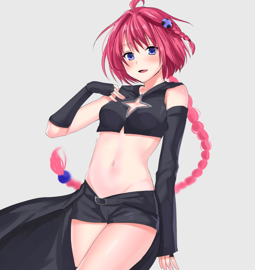 1girl :d asymmetrical_sleeves black_cape black_shirt black_shorts blue_eyes blush braid breasts cape cleavage cleavage_cutout cowboy_shot crop_top detached_sleeves elbow_gloves fingerless_gloves gloves groin hair_ornament hairpin hand_on_own_chest highres hood kurosaki_mea leather long_hair looking_at_viewer medium_breasts navel open_mouth redhead shirt short_shorts shorts simple_background smile solo stomach thighs to_love-ru to_love-ru_darkness very_long_hair