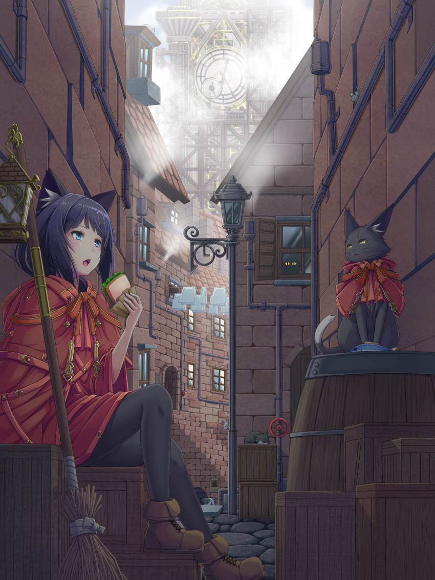 1girl animal_ears barrel black_cat black_hair black_legwear blue_eyes boots box broom building cat cat_ears clock clock_tower coat fish food highres holding holding_food lamppost open_mouth original pantyhose pipes red_coat sandwich sitting sitting_on_box stairs tower witch yoruusagi