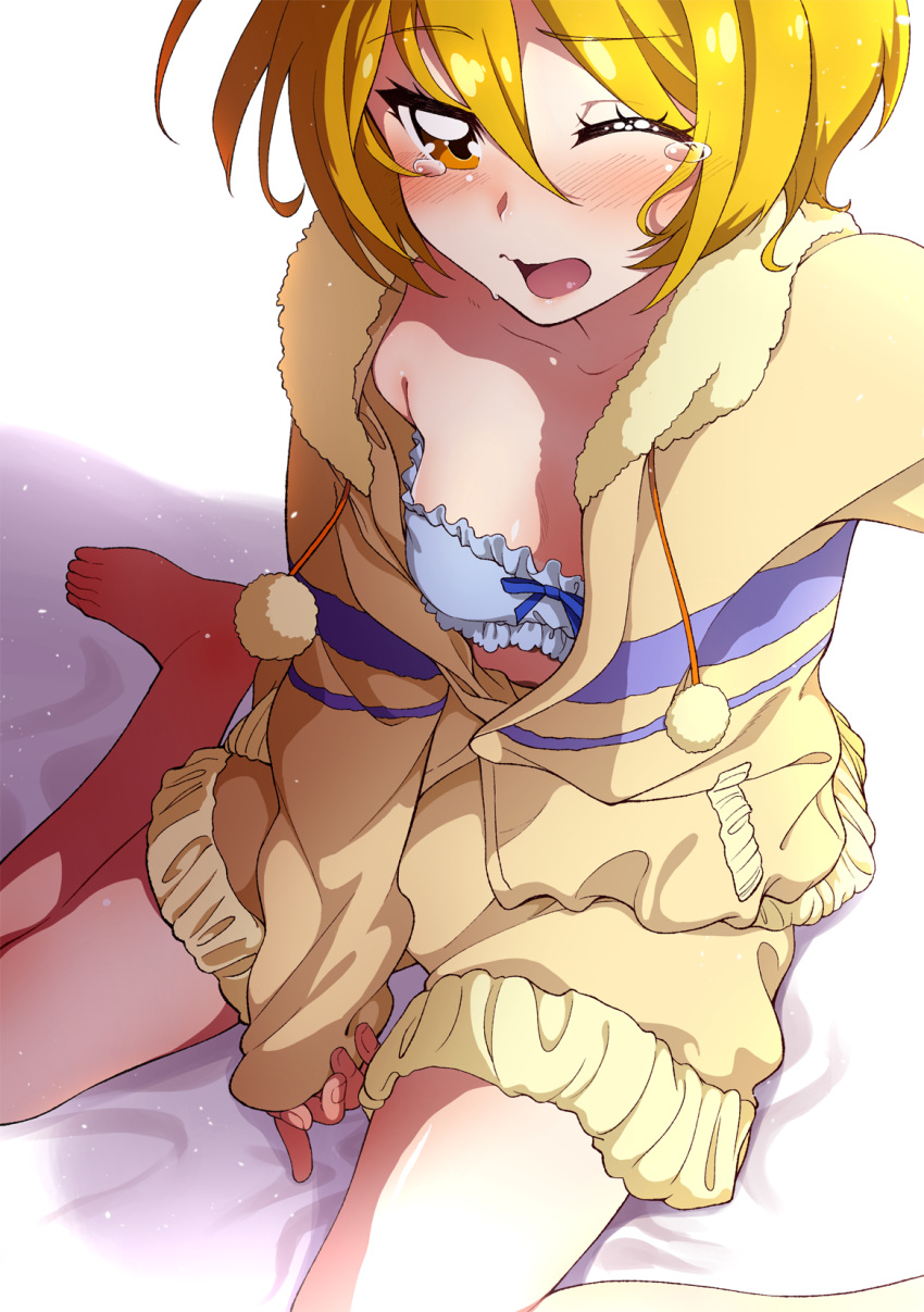 1girl barefoot blonde_hair blue_bra blush bra breasts commentary_request eyebrows_visible_through_hair hayashi_keita highres hugtto!_precure kagayaki_homare looking_at_viewer one_eye_closed open_mouth orange_eyes precure short_hair sitting small_breasts solo tears underwear yawning