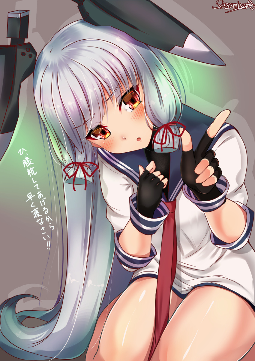 1girl bangs black_gloves black_legwear blunt_bangs blush clenched_hand dress eyebrows_visible_through_hair fingerless_gloves gloves hair_ribbon head_tilt headgear highres index_finger_raised kantai_collection leaning long_hair looking_at_viewer murakumo_(kantai_collection) open_mouth red_neckwear ribbon sailor_dress sazamiso_rx school_uniform seiza serafuku shiny shiny_skin sidelocks signature silver_hair simple_background sitting smile solo thighs translation_request tress_ribbon very_long_hair