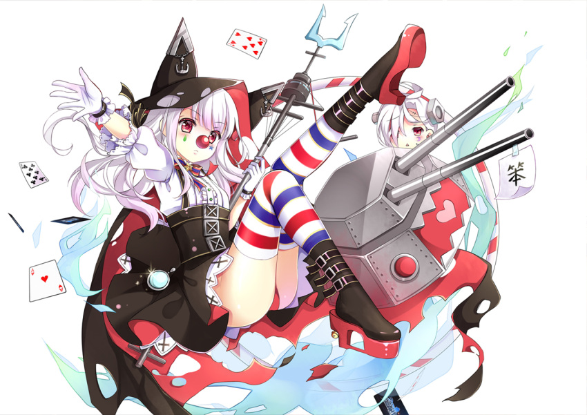 2girls :&lt; ace_of_hearts animal_hood april_fools azur_lane ball bangs black_cape black_footwear black_skirt blush bolt boots breasts cannon cape card center_frills closed_mouth clown_nose club_(shape) erebus_(azur_lane) eyebrows_visible_through_hair facial_mark frills gloves gyaza hair_over_one_eye heart heart_in_mouth high-waist_skirt holding hood hood_up hooded_cape leg_up long_hair multiple_girls outstretched_arm parted_lips playing_card puffy_short_sleeves puffy_sleeves red_eyes shirt short_sleeves simple_background skirt small_breasts star striped striped_legwear terror_(azur_lane) thigh-highs torn_cape translation_request triangle_mouth turret white_background white_gloves white_hair white_shirt