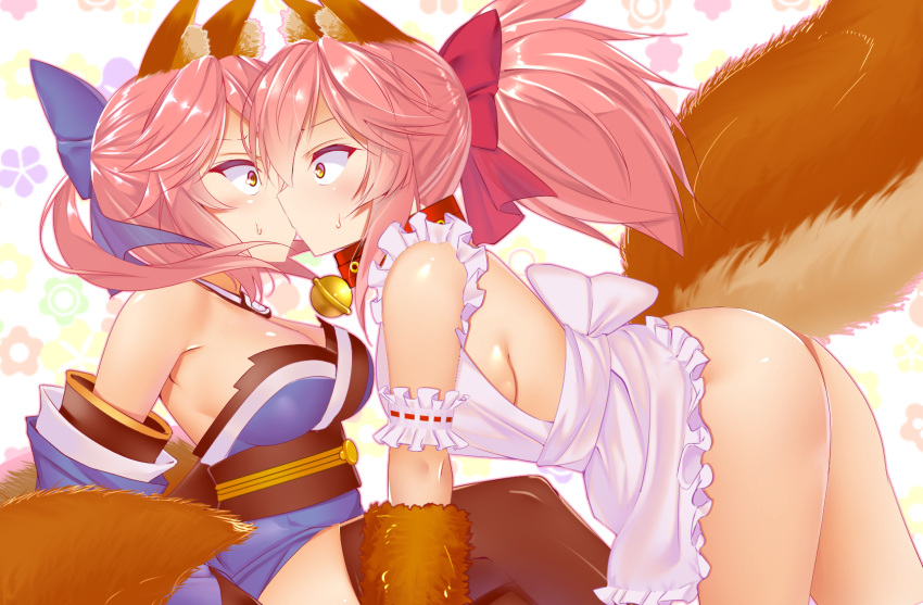 2girls animal_ears apron ass bell bell_collar black_legwear blue_ribbon blush breasts cat_hair_ornament cat_paws cleavage collar detached_sleeves dual_persona fate/grand_order fate_(series) fox_ears fox_tail gloves hair_ornament hair_ribbon highres japanese_clothes jingle_bell kiss large_breasts long_hair maid_headdress miyajima_(anthem-anthem) multiple_girls naked_apron paw_gloves paws pink_hair ponytail red_ribbon ribbon sideboob surprised sweat tail tamamo_(fate)_(all) tamamo_cat_(fate) tamamo_no_mae_(fate) yellow_eyes yuri
