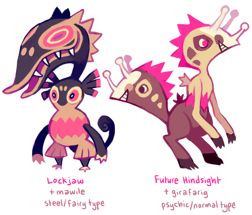 black_eyes commentary creature english full_body fusion gen_2_pokemon gen_3_pokemon girafarig glitchedpuppet grin highres mawile multiple_heads no_humans pink_eyes pokemon pokemon_(creature) sharp_teeth simple_background smile standing teeth white_background