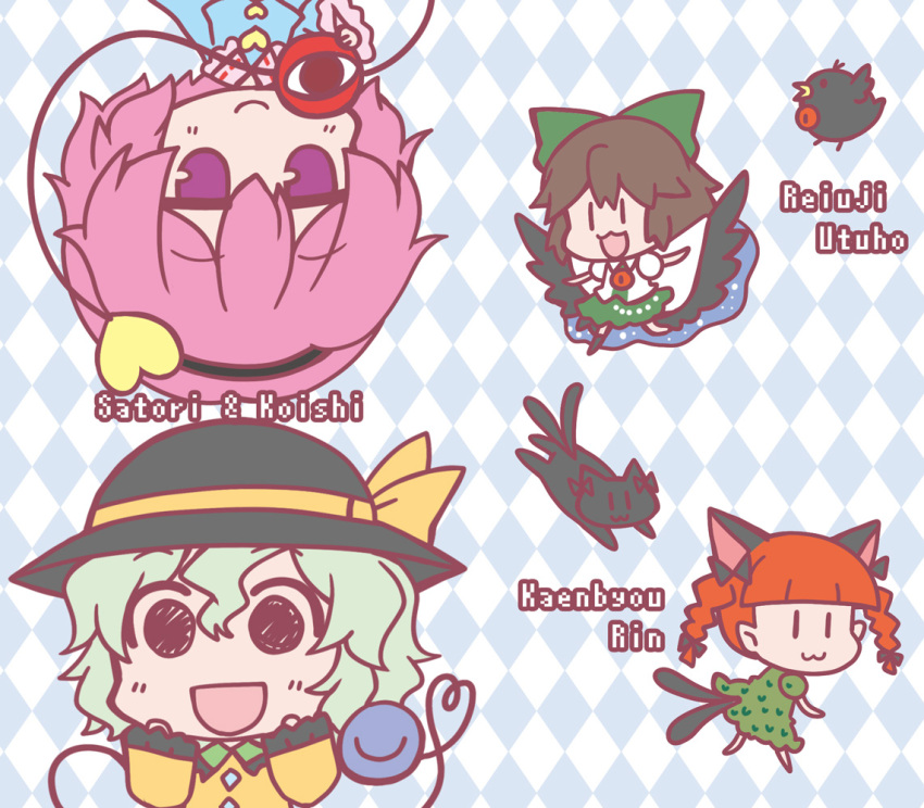 4girls :3 :d =d animal animal_ears bangs bird bird_wings black_eyes black_wings blunt_bangs bow braid brown_hair c: cape cat cat_ears cat_tail character_name chibi closed_eyes closed_mouth dress extra_ears full_body green_bow green_hair hair_between_eyes hair_bow hairband hand_up hands_up hat heart kaenbyou_rin kaenbyou_rin_(cat) long_hair long_sleeves looking_at_viewer multiple_girls multiple_tails nekomata noai_nioshi open_mouth outstretched_arms pink_hair pointy_ears puffy_short_sleeves puffy_sleeves red_eyes reiuji_utsuho reiuji_utsuho_(bird) shirt short_hair short_sleeves skirt slit_pupils smile starry_sky_print tail third_eye touhou twin_braids two_tails upper_body upside-down violet_eyes walking wings |_|