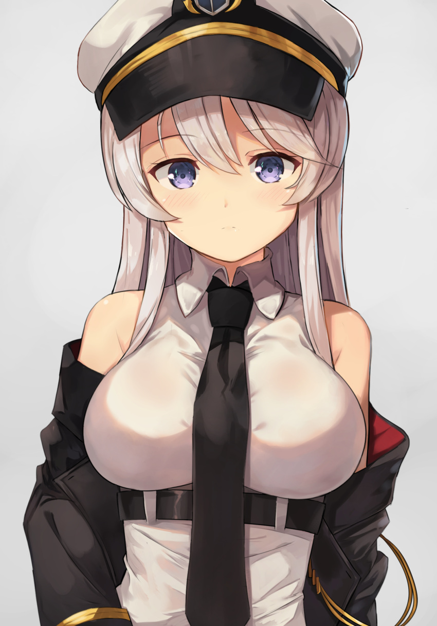 1girl azur_lane bare_shoulders black_neckwear blush breasts closed_mouth enterprise_(azur_lane) grey_background hat highres long_hair looking_at_viewer motokonut necktie simple_background solo upper_body violet_eyes white_hair