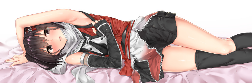 absurdres armpits ass_visible_through_thighs black_gloves black_skirt brown_eyes brown_hair elbow_gloves fingerless_gloves gloves highres jaku_denpa kantai_collection lying neckerchief on_side remodel_(kantai_collection) scarf school_uniform sendai_(kantai_collection) serafuku single_thighhigh skirt thigh-highs two_side_up white_scarf
