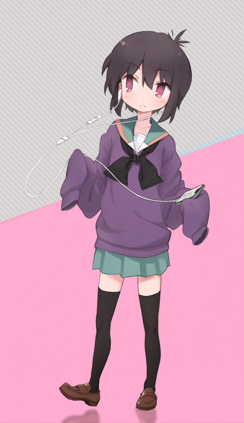 1girl a_channel black_hair black_legwear blush cellphone closed_mouth collarbone earphones earphones eyebrows_visible_through_hair full_body green_skirt highres holding holding_cellphone holding_phone ichii_tooru loafers looking_away looking_to_the_side okayparium phone red_eyes shoes skirt sleeves_past_wrists solo thigh-highs