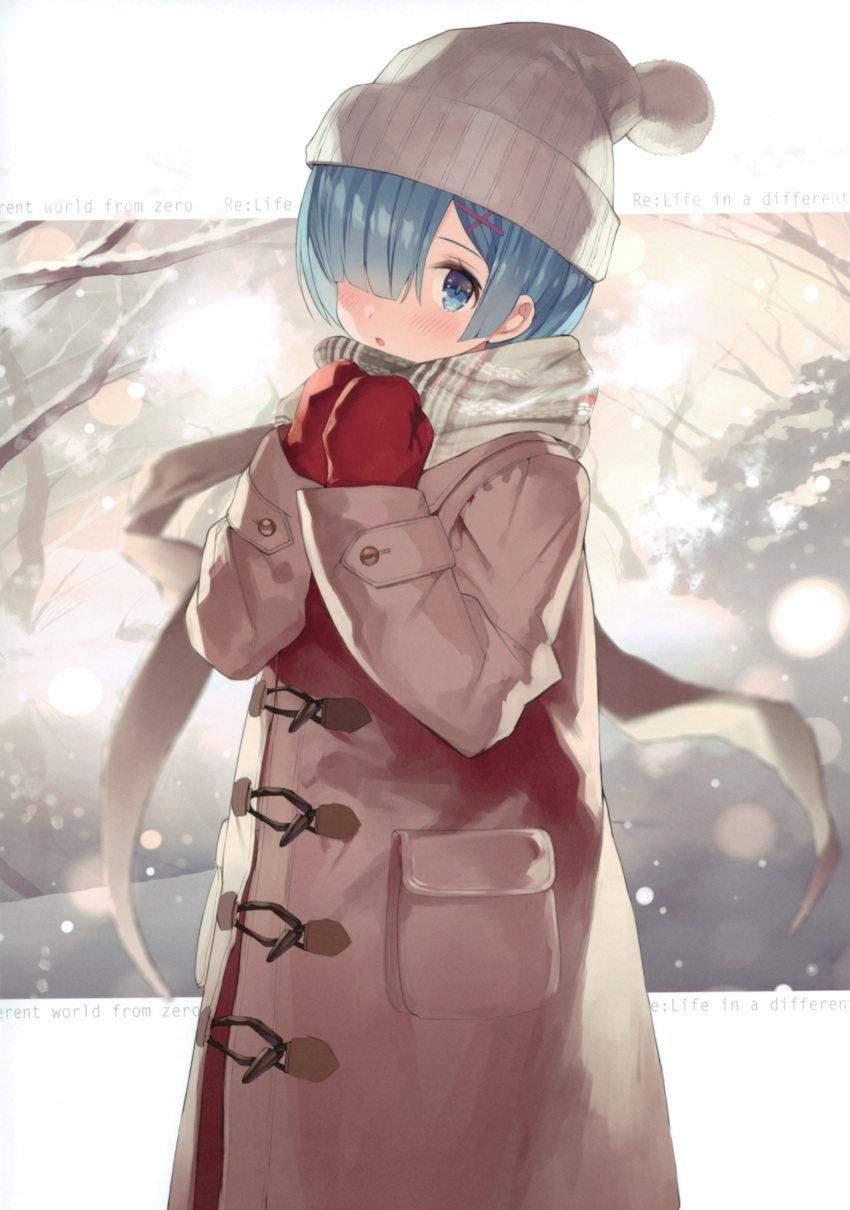 1girl :o absurdres alternate_costume bangs blue_eyes blue_hair blush brown_coat buttons casual coat copyright_name cowboy_shot day duffel_coat gloves grey_scarf hair_ornament hair_over_one_eye hairclip highres long_sleeves looking_at_viewer matsui_hiroaki open_mouth outdoors outside_border plaid plaid_scarf pom_pom_(clothes) re:zero_kara_hajimeru_isekai_seikatsu red_mittens rem_(re:zero) scan scarf short_hair snow snowing solo standing tareme tree tree_branch winter winter_clothes winter_coat x_hair_ornament