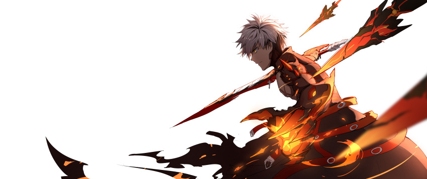 1boy absurdres claws coat cowboy_shot elsword highres holding holding_sword holding_weapon looking_away male_focus mechanical_arm profile rage_hearts_(elsword) raven_(elsword) simple_background solo sword weapon white_background white_hair yellow_eyes yumuto_(spring1786)