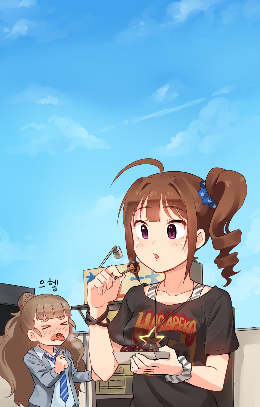 &gt;_&lt; 2girls absurdres ahoge bra_strap breasts brown_hair closed_eyes collarbone drill_hair eyebrows_visible_through_hair facing_away highres idolmaster idolmaster_cinderella_girls idolmaster_million_live! kamille_(vcx68) kamiya_nao large_breasts long_hair looking_away multiple_girls open_mouth parted_lips short_hair side_drill tongue tongue_out violet_eyes yokoyama_nao