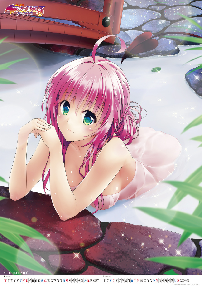 1girl absurdres ahoge bare_shoulders breasts copyright_name demon_tail green_eyes highres in_water lala_satalin_deviluke leaning_over long_hair looking_at_viewer medium_breasts naked_towel official_art onsen pink_hair smile solo tail to_love-ru towel yabuki_kentarou