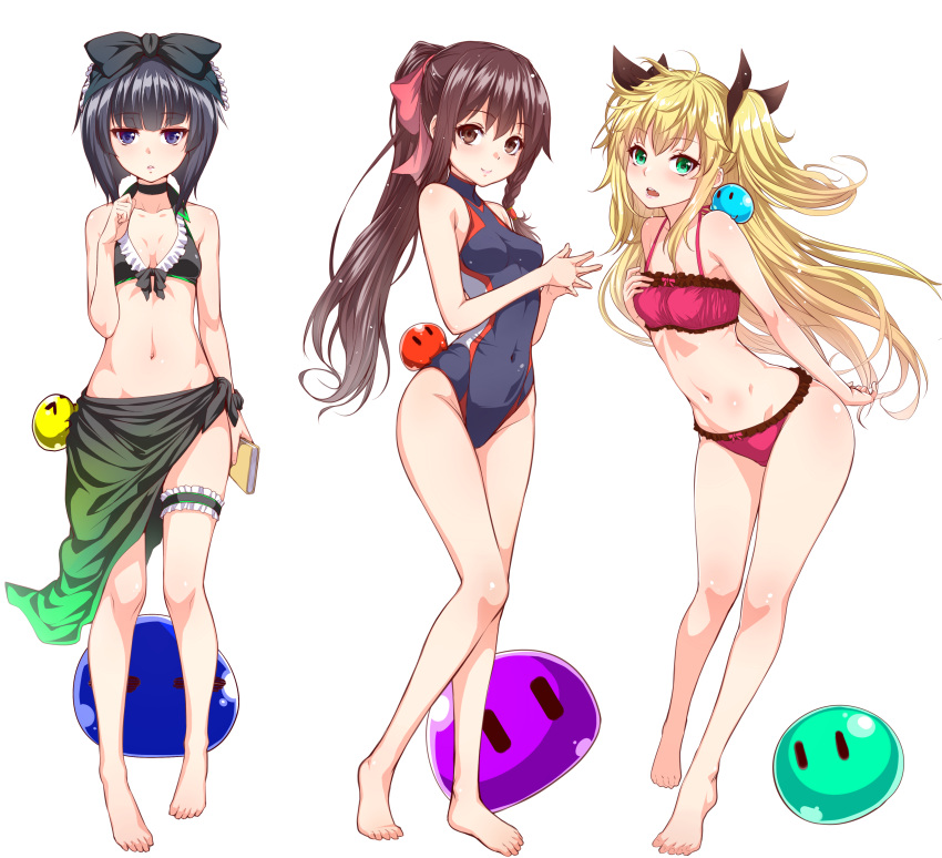 3girls absurdres arm_behind_back bangs barefoot bikini black_bow black_choker black_eyes black_hair black_ribbon blonde_hair blunt_bangs book bow bow_bikini breasts brown_eyes brown_hair choker clenched_hand closed_mouth competition_swimsuit covered_navel eyebrows_visible_through_hair frilled_bikini frilled_bow frills front-tie_bikini front-tie_top frown garters hair_bow hair_ribbon halterneck hand_on_own_chest hands_together highres holding holding_book leaning_forward long_hair looking_at_viewer messy_hair multiple_girls navel one-piece_swimsuit open_mouth original parted_lips pink_bow ponytail red_bikini ribbon sarong short_hair simple_background small_breasts smile standing swimsuit two_side_up white_background zucchini