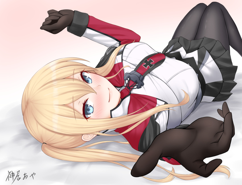 1girl bangs bed_sheet black_gloves black_legwear blonde_hair blue_eyes blush breasts capelet closed_mouth cross gloves graf_zeppelin_(kantai_collection) hair_between_eyes highres impossible_clothes invitation jacket kamui_aya kantai_collection knees_together_feet_apart knees_up large_breasts long_hair looking_at_viewer lying military military_uniform miniskirt multiple_girls necktie on_back open_mouth outstretched_hand pantyhose pleated_skirt sidelocks signature skirt smile solo tsurime twintails uniform
