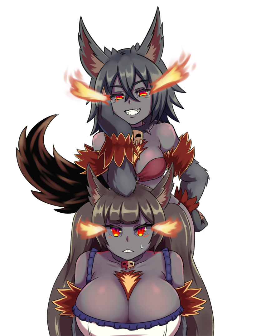 2girls animal_ears annoyed bangs bare_shoulders black_hair black_skin blunt_bangs breasts burning_eyes collar crossed_bangs dog_ears dog_tail elbow_rest eyebrows_visible_through_hair fur grey_sclera grin hair_between_eyes hand_on_hip height_difference hellhound highres huge_breasts long_hair looking_at_viewer medium_breasts monster_girl monster_girl_encyclopedia multiple_girls nav paws red_eyes simple_background smile smug spiked_collar spikes sweatdrop tail teeth twintails white_background