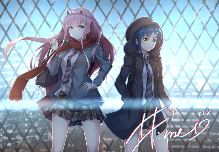 2girls alternate_costume aqua_eyes bangs blue_hair breasts closed_mouth commentary_request darling_in_the_franxx eyebrows_visible_through_hair flugel_(kaleido_scope-710) green_eyes hair_ornament hairband hairclip hand_on_hip highres hood hooded_jacket horns ichigo_(darling_in_the_franxx) jacket long_hair looking_at_viewer medium_breasts miniskirt multiple_girls outdoors pink_hair plaid_neckwear pleated_skirt red_scarf scarf short_hair signature skirt small_breasts smile uniform white_hairband zero_two_(darling_in_the_franxx)