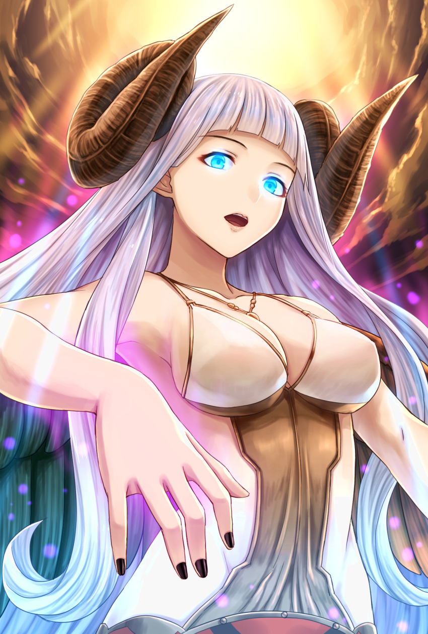 1girl astaroth_(granblue_fantasy) bangs black_nails blue_eyes blunt_bangs breasts curled_horns glowing glowing_eyes granblue_fantasy highres horns large_breasts long_hair looking_at_viewer nail_polish open_mouth revealing_clothes solo straight_hair tomo_(user_hes4085) upper_body very_long_hair