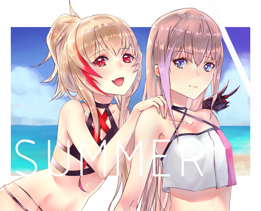 2girls akatsuki_suzumi alternate_costume alternate_hairstyle armpit_peek bangs bare_shoulders beach blue_eyes blue_sky closed_mouth clouds collarbone crop_top eyebrows_visible_through_hair fang girls_frontline groin hair_between_eyes hand_on_another's_shoulder headgear high_ponytail leaning_on_person long_hair looking_at_viewer m4_sopmod_ii_(girls_frontline) multicolored_hair multiple_girls ocean open_mouth outside_border pink_hair ponytail prosthetic_hand red_eyes redhead sand sidelocks sky smile st_ar-15_(girls_frontline) stomach streaked_hair swimsuit text v water