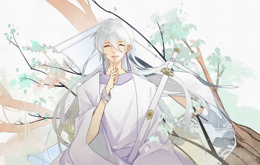 1boy bracelet chinese_clothes closed_eyes duanmu_luoyue earrings graphite_(medium) highres jewelry leaf long_hair male_focus open_mouth scroll solo spiritpact sword teeth traditional_media tree weapon white_hair