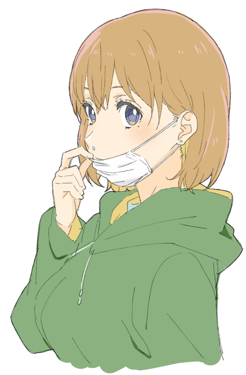 1girl absurdres blue_eyes blush breasts brown_hair closed_mouth donguri_suzume earrings from_side green_hoodie hand_up highres hood hood_down hoodie jewelry large_breasts long_sleeves looking_at_viewer looking_to_the_side mole mole_under_eye original short_hair simple_background snot solo surgical_mask upper_body white_background