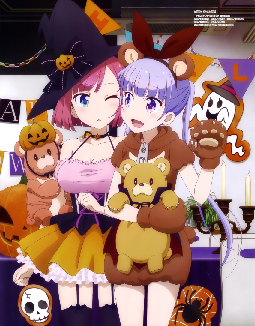 2girls :d ;o absurdres animal_ears aqua_eyes bare_shoulders bat bear_ears bear_paws blush bow breasts brown_hood candelabra candle cheek-to-cheek choker cleavage collarbone copyright_name d; fake_animal_ears garter_straps hairband halloween hat hat_bow hat_ornament hat_ribbon highres hood jack-o'-lantern kaiho_hitomi large_breasts megami_deluxe mochizuki_momiji multiple_girls new_game! official_art one_eye_closed open_mouth paper_chain party peco_(new_game!) pink_hair puffy_short_sleeves puffy_sleeves pumpkin purple_hair ribbon short_sleeves silk smile spider spider_web string_of_flags stuffed_animal stuffed_toy suzukaze_aoba teddy_bear thigh-highs underbust violet_eyes witch_hat zipper