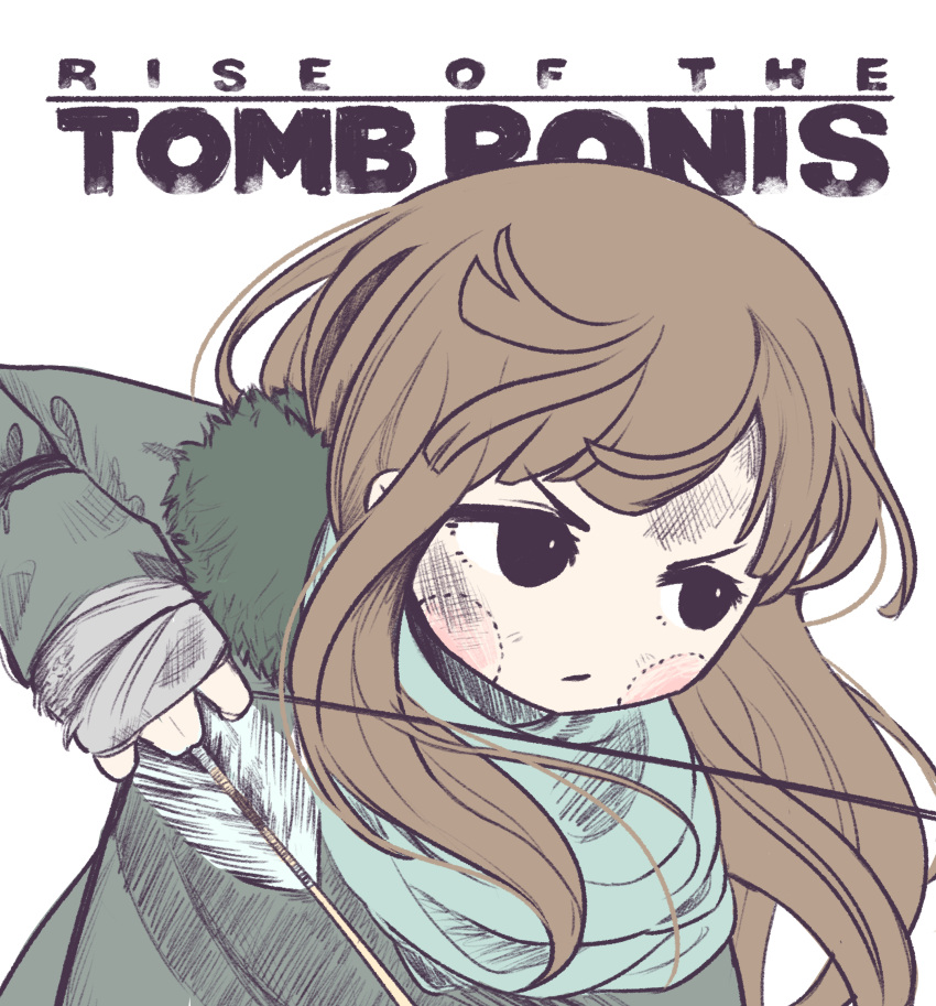 1girl absurdres angelica_(k3lly) arrow black_eyes blush bow_(weapon) brown_hair copyright_name dirty_face drawing_bow flat_color fur_collar green_scarf green_shirt highres holding holding_arrow holding_bow_(weapon) holding_weapon long_hair long_sleeves original rise_of_the_tomb_raider scarf shirt simple_background sleeves_past_wrists solo stitched_blush tomb_raider v-shaped_eyebrows weapon white_background