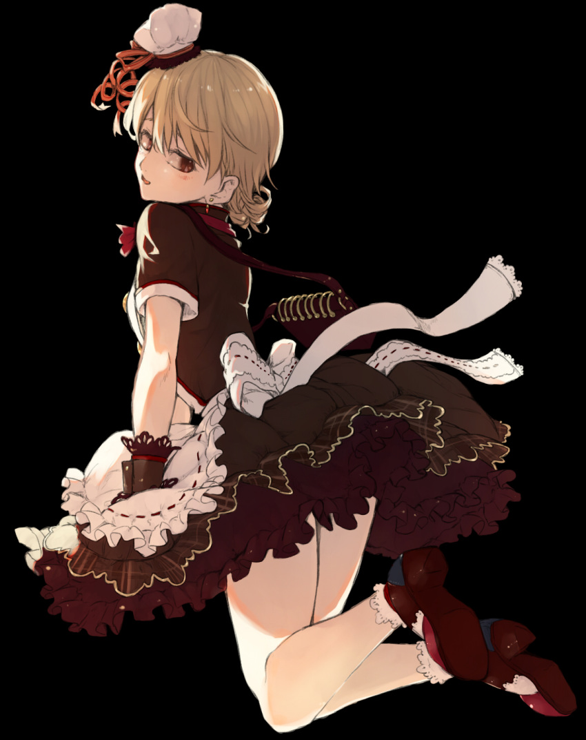1girl apron backlighting bag black_background black_dress bobby_socks bow brown_eyes chef_hat dress earrings frilled_dress frills from_behind full_body hat highres idolmaster idolmaster_cinderella_girls idolmaster_cinderella_girls_starlight_stage jewelry kneeling light_brown_hair looking_back looking_to_the_side mary_janes mini_hat morikubo_nono neck_ribbon parted_lips patissier red_ribbon ribbon ringlets sanmon_(mekko0929) shoes short_hair short_sleeves shoulder_bag simple_background socks solo sweetches waist_apron wrist_cuffs