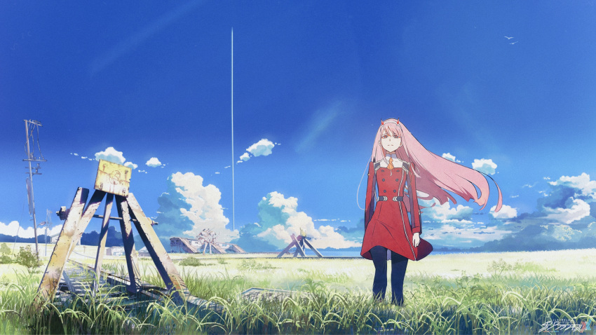 blue_eyes blue_sky darling_in_the_franxx dress highres horns jacques leyreloup looking_at_viewer mecha pink_hair red_dress rudrik sad sky solo strelizia zero_two_(darling_in_the_franxx)