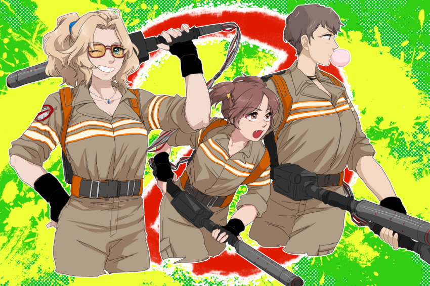 3girls alisa_(girls_und_panzer) alternate_costume alternate_hairstyle arm_up bangs black_gloves blonde_hair blue_eyes brown_eyes brown_hair brown_jumpsuit bubble_blowing chewing_gum cowboy_shot cropped_legs eyebrows_visible_through_hair fang fingerless_gloves freckles ghostbusters girls_und_panzer gloves grin hair_intakes hair_ornament hair_up hand_on_hip hao_(udon) holding holding_weapon jewelry jumpsuit kay_(girls_und_panzer) long_sleeves looking_at_viewer multiple_girls naomi_(girls_und_panzer) necklace open_mouth ponytail proton_pack red-framed_eyewear short_hair short_twintails sleeves_rolled_up smile star star_hair_ornament sunglasses twintails very_short_hair weapon