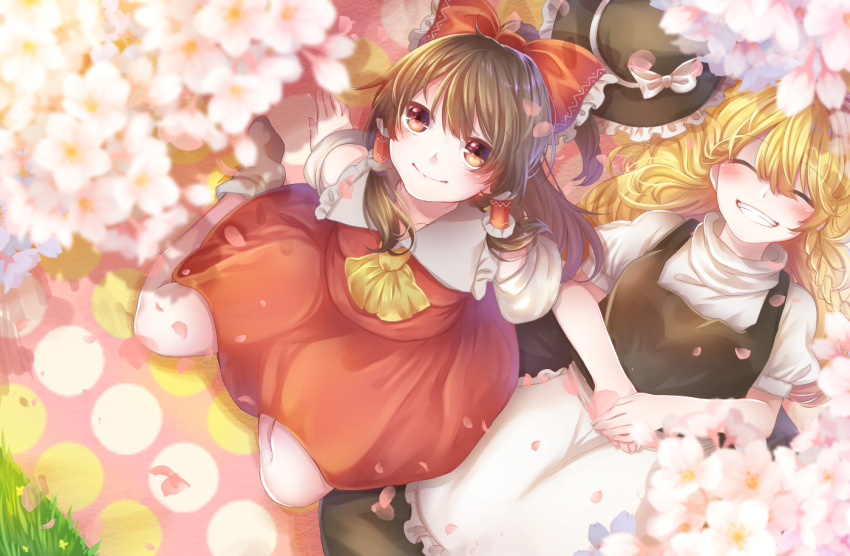 2girls apron ascot attyuntyun915 bangs black_hat black_skirt blonde_hair blush bow brown_eyes brown_hair closed_eyes collar collared_shirt eyebrows_visible_through_hair flower frilled_bow frilled_collar frilled_hair_tubes frills from_above grass hair_bow hair_tubes hakurei_reimu hanami hands_on_floor hands_together hat hat_bow hat_removed headwear_removed kirisame_marisa long_hair looking_up lying multiple_girls on_back petals puffy_short_sleeves puffy_sleeves red_bow red_skirt shirt short_sleeves sitting skirt sleeveless sleeveless_shirt smile socks teeth touhou turtleneck white_apron white_bow yellow_neckwear yokozuwari