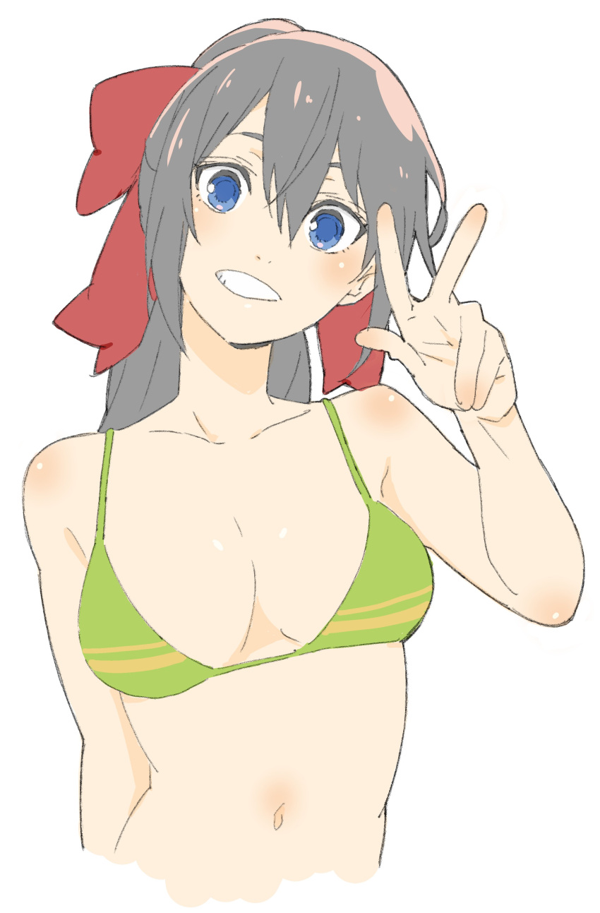1girl absurdres arm_behind_back bangs bare_shoulders bikini blue_eyes blush bow breasts donguri_suzume green_bikini grey_hair grin hair_between_eyes hair_bow hand_up head_tilt highres large_breasts long_hair navel original ponytail red_bow simple_background smile solo swimsuit upper_body w white_background