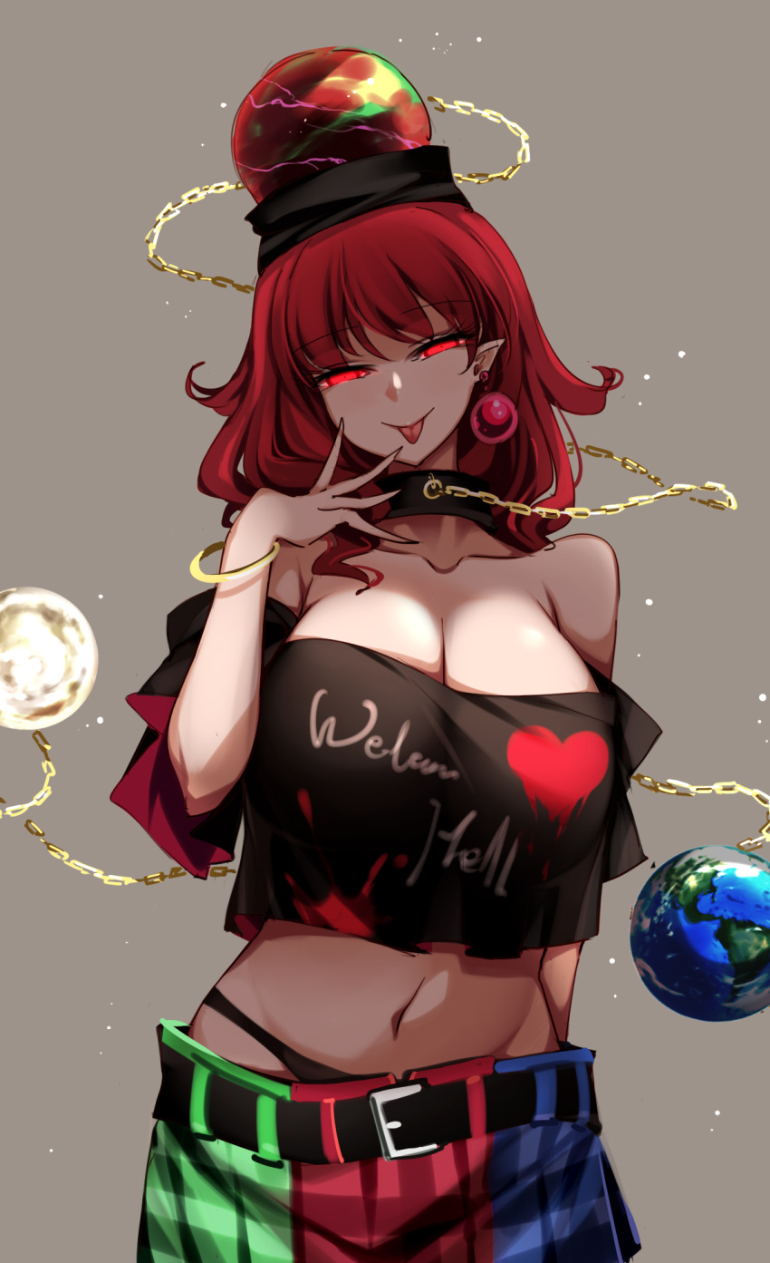 1girl bangs bare_shoulders belt black_belt black_choker black_neckwear black_shirt breasts chain choker closed_mouth earrings earth_(ornament) eyebrows_visible_through_hair gold_chain grey_background hair_between_eyes hand_up hecatia_lapislazuli highres jewelry large_breasts looking_at_viewer medium_hair moon_(ornament) multicolored multicolored_clothes multicolored_skirt off-shoulder_shirt off_shoulder plaid plaid_skirt polos_crown raptor7 red_eyes redhead shirt short_sleeves simple_background skirt smile solo t-shirt tongue tongue_out touhou