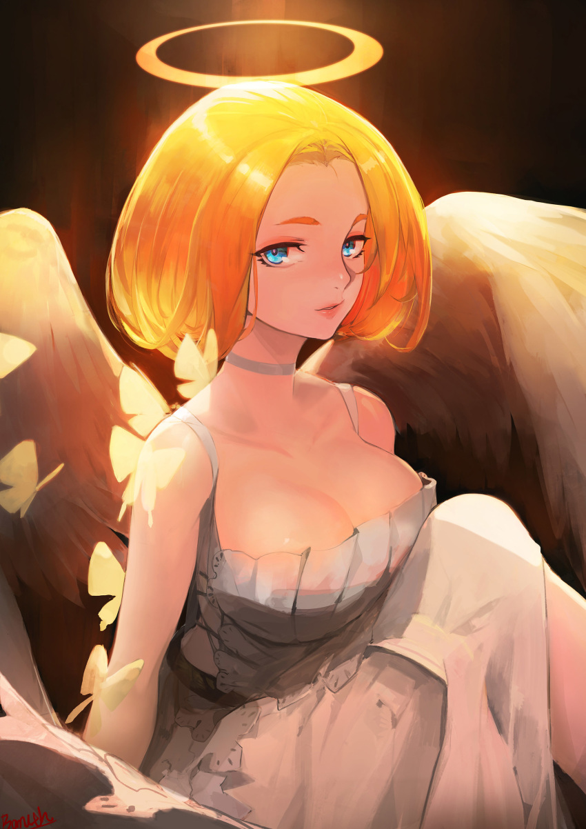 1girl absurdres angel_wings artist_name bamuth blush breasts butterfly cleavage commentary dress feathered_wings grey_choker grey_dress halo highres insect large_breasts looking_at_viewer original solo white_wings wings