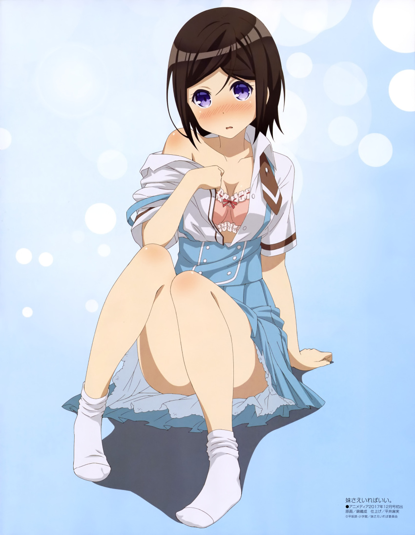 1girl absurdres ass blue_background blue_dress blush body_blush bra brown_hair brown_neckwear convenient_leg dress embarrassed frilled_bra frills hashima_chihiro highres imouto_sae_ireba_ii looking_at_viewer megami_deluxe necktie nishigori_sei official_art open_clothes open_shirt patterned_background petticoat pigeon-toed pinafore_dress pink_bra pleated_dress print_neckwear red_ribbon ribbon ribbon-trimmed_bra shirt socks solo underwear violet_eyes wavy_mouth white_legwear white_shirt