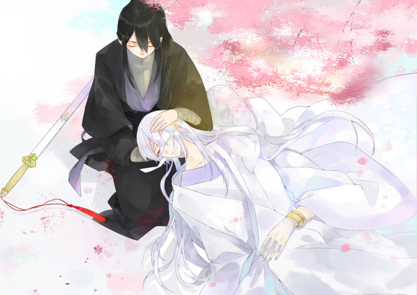 2boys bandage black_hair bracelet cherry_blossoms chinese_clothes closed_eyes duanmu_luoyue fur_trim graphite_(medium) jewelry long_hair male_focus multiple_boys petals ponytail sitting spiritpact sword traditional_media weapon white_background yang_ning yaoi