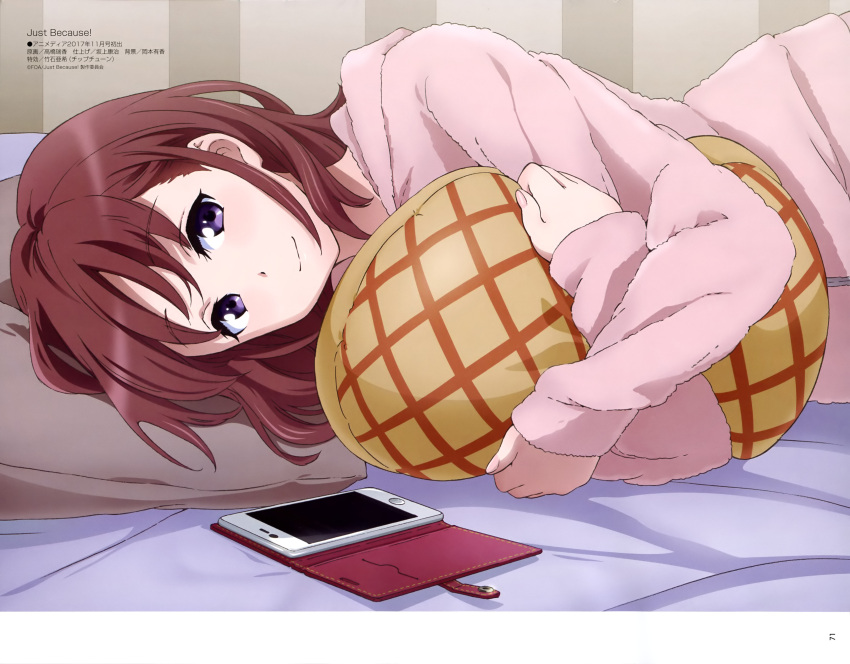 1girl absurdres bed_sheet blush body_blush brown_hair cellphone grey_pillow head_on_pillow highres hood hoodie indoors just_because! looking_at_viewer lying megami_deluxe nail_polish natsume_mio object_hug official_art on_bed on_side page_number pajamas pants phone pillow pink_nails pink_pants pink_shirt purple_bed_sheet shirt smartphone smartphone_case smile solo takahashi_mizuka violet_eyes