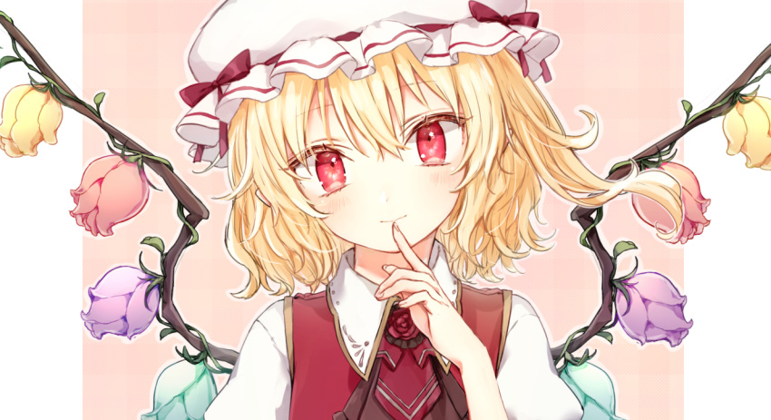 1girl blonde_hair closed_mouth finger_to_mouth flandre_scarlet flat_chest flower green_flower hair_between_eyes hat hat_ribbon head_tilt honotai looking_at_viewer mob_cap purple_flower red_eyes red_flower red_ribbon ribbon shirt smile solo touhou upper_body ves vest white_hat white_shirt wing_collar wings yellow_flower