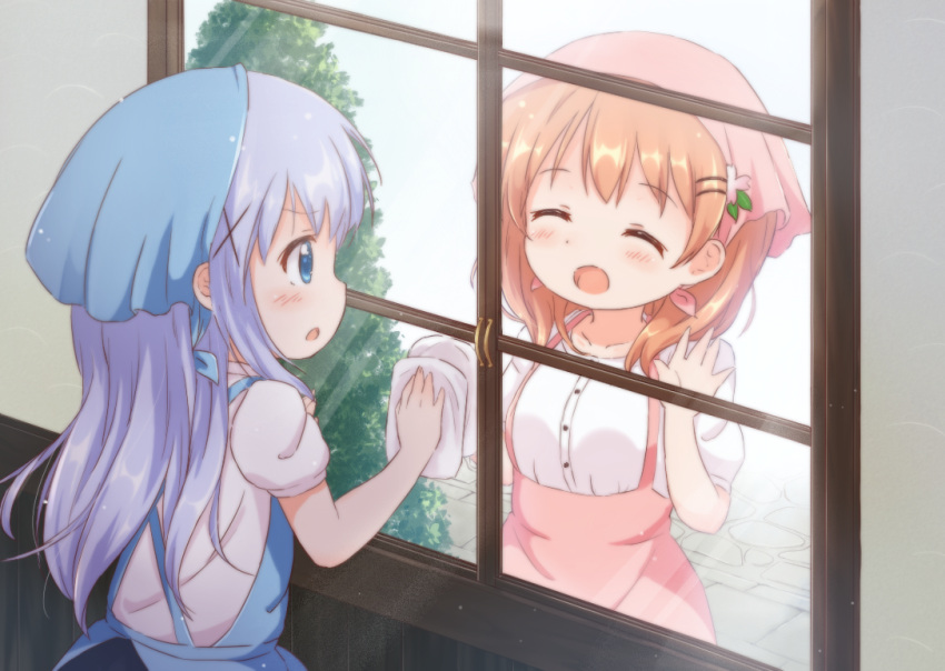 2girls :d ;d ^_^ ^o^ araki495 blue_bow blue_eyes blue_hair blush bow closed_eyes commentary_request eyebrows_visible_through_hair gochuumon_wa_usagi_desu_ka? hair_ornament hairclip hoto_cocoa kafuu_chino long_hair looking_at_another multiple_girls one_eye_closed open_mouth orange_hair rabbit_house_uniform smile waitress window x_hair_ornament