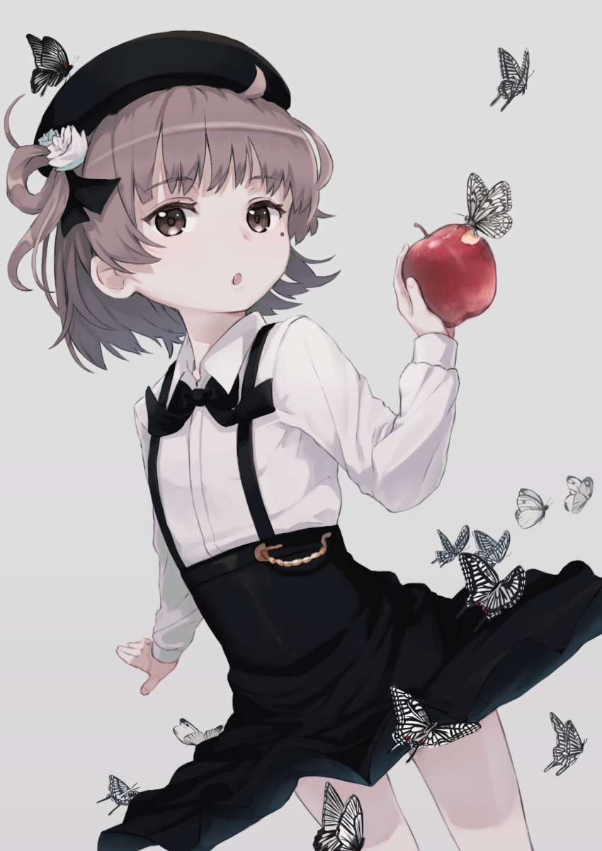 1girl :o animal apple beret black_bow black_hat black_ribbon black_skirt blush bow brown_eyes brown_hair butterfly collared_shirt commentary_request fang fingernails flower food fruit grey_background hair_flower hair_ornament hair_rings hat hatoba_tsugu hatoba_tsugu_(character) highres holding holding_food insect long_sleeves mole mole_under_eye mugcup outstretched_arm parted_lips red_apple ribbon rose shirt simple_background skirt solo suspender_skirt suspenders virtual_youtuber white_flower white_rose white_shirt