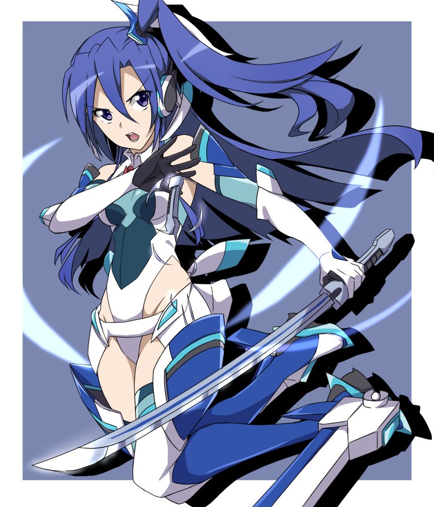 1girl bare_shoulders blue_hair blue_legwear boots breasts elbow_gloves gloves hair_between_eyes highleg highleg_leotard highres kagari_leroy katana kazanari_tsubasa leotard medium_breasts open_mouth senki_zesshou_symphogear side_ponytail solo spinning sword thigh-highs thigh_boots violet_eyes weapon white_gloves