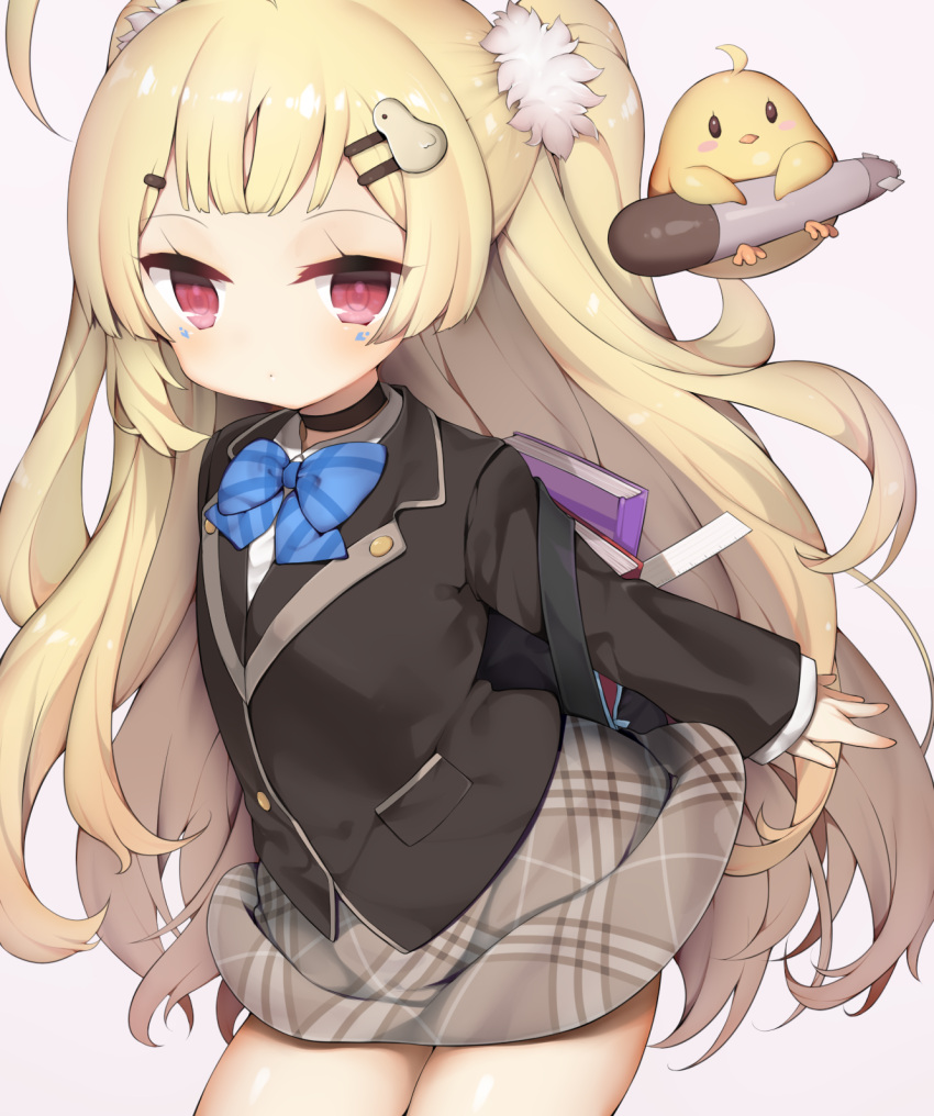 1girl ahoge azur_lane backpack bag bangs bird black_blazer blazer blonde_hair blue_neckwear blush book bow bowtie brown_skirt chick closed_mouth collared_shirt commentary_request cowboy_shot eldridge_(azur_lane) facial_mark grey_background hair_ornament hairclip highres jacket long_hair long_sleeves looking_at_viewer outstretched_arm plaid plaid_neckwear plaid_skirt red_eyes ruler shirt simple_background skirt sleeves_past_wrists solo tomo_(ryo_i_so_) torpedo two_side_up very_long_hair white_shirt