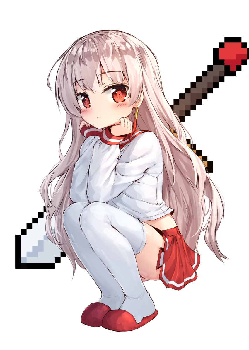 1girl absurdres bangs blush character_request closed_mouth earrings eyebrows_visible_through_hair girls_frontline highres jewelry light_brown_hair long_hair long_sleeves looking_at_viewer minecraft pleated_skirt red_eyes red_footwear red_skirt school_uniform serafuku shirt simple_background skirt sleeves_past_wrists slippers solo squatting tandohark thigh-highs very_long_hair white_background white_legwear white_shirt
