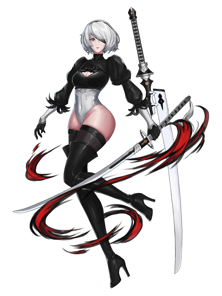 1girl absurdres boots drogod eyepatch feather-trimmed_sleeves high_heel_boots high_heels highres leotard looking_at_viewer nier_(series) nier_automata puffy_sleeves short_hair silver_hair simple_background skindentation solo sword thigh-highs thigh_boots weapon weapon_on_back yorha_no._2_type_b