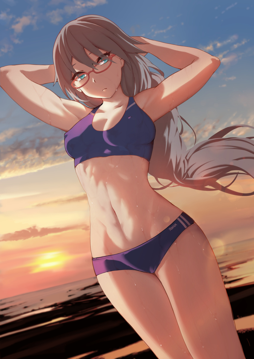 1girl abs absurdres armpits arms_up bangs blue_eyes breasts brown_hair cleavage closed_mouth clothes_writing cowboy_shot dutch_angle erect_nipples evening expressionless floating_hair glasses gradient_sky highres horizon laa_jii_shii lens_flare long_hair looking_at_viewer medium_breasts navel ocean outdoors red-framed_eyewear solo sports_bra standing stomach sun sunlight sunset sweat thighs toned tsurime water wet wind