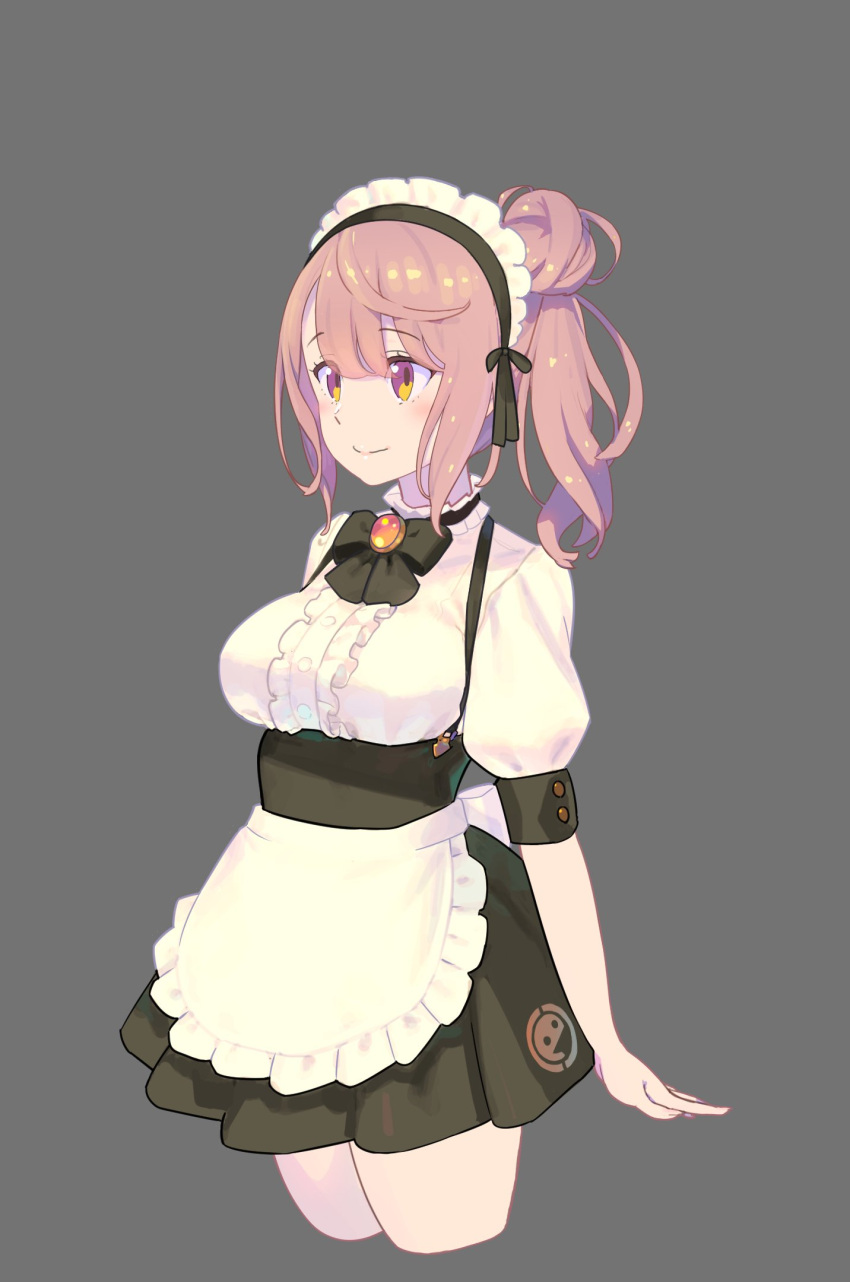 1girl apron arms_at_sides black_neckwear black_skirt blush bow bowtie breasts brown_eyes brown_hair closed_mouth commentary_request cowboy_shot cropped_legs eyebrows_visible_through_hair from_side grey_background hair_bun high-waist_skirt highres large_breasts maid_apron maid_headdress nagisa_kurousagi original puffy_short_sleeves puffy_sleeves short_sleeves side_ponytail simple_background skirt smile solo standing waist_apron white_apron